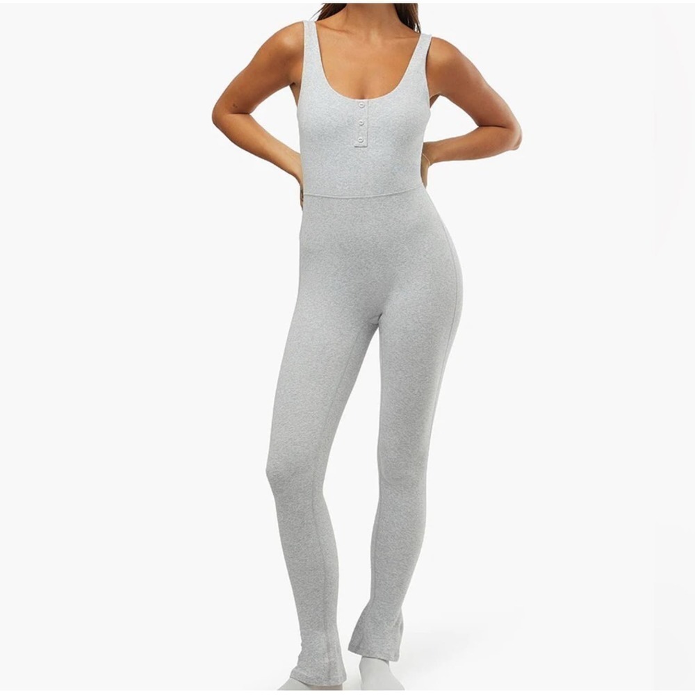 NEW WeWoreWhat Women's Size Small Gray Henley Flare Jumpsuit v6x